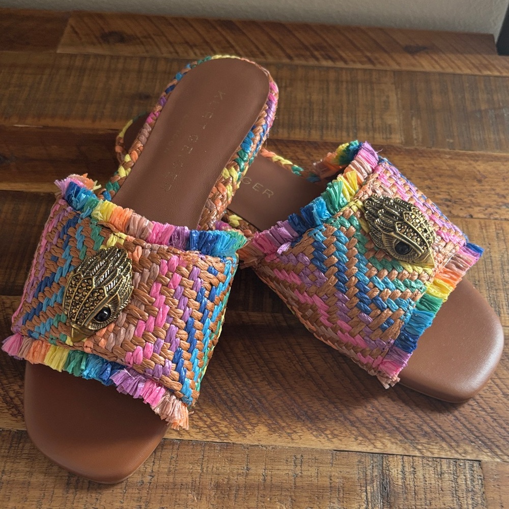 Kurt Geiger Rainbow Woven Slide Sandals with Gold Accent